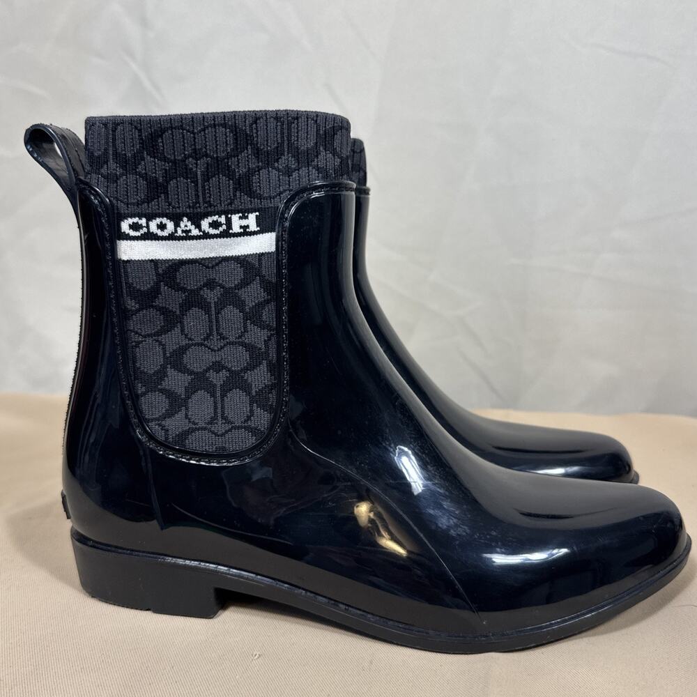 Coach Rivington Ankle Rain Boots, Black, Size 8